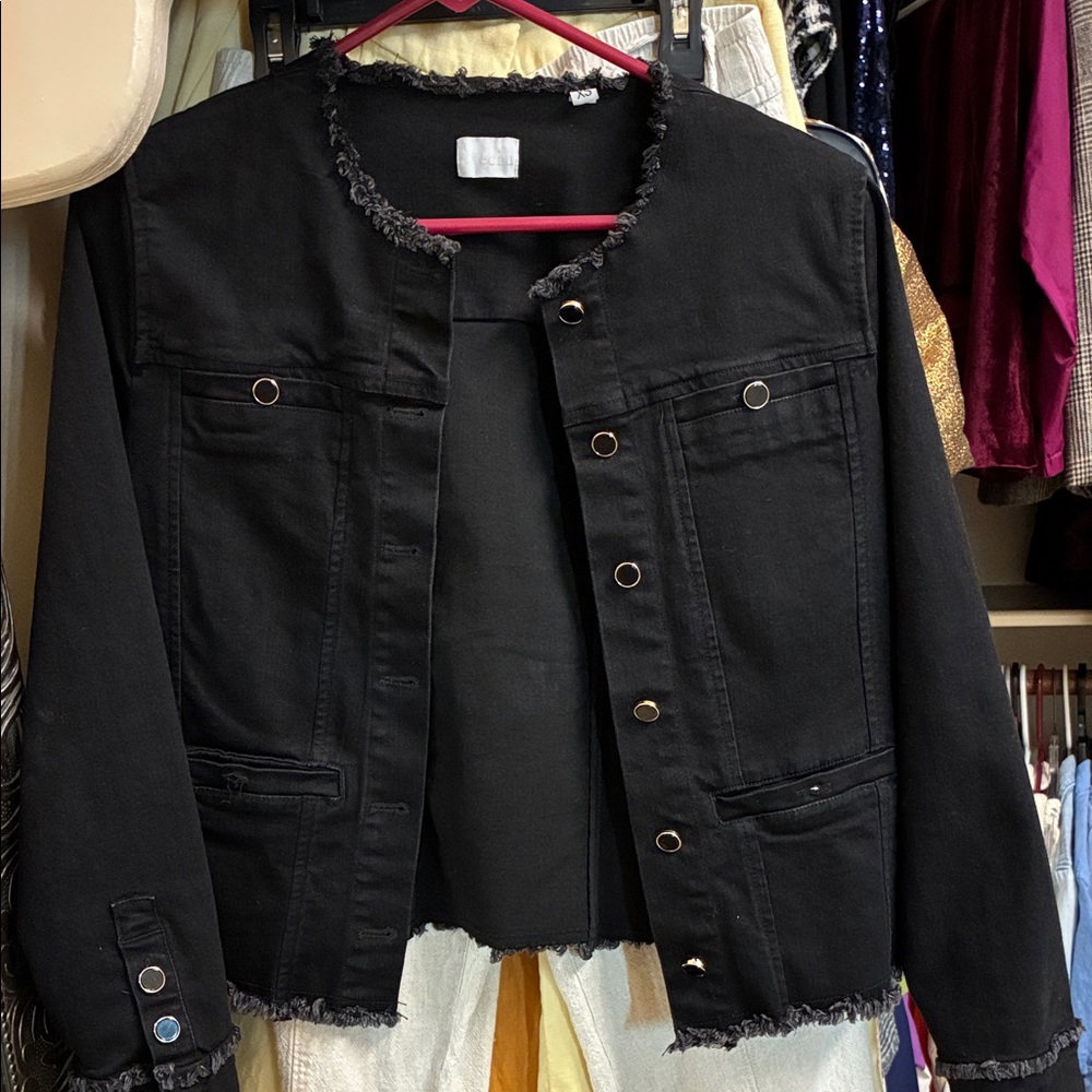 Ecru Black Jean Jacket with Frayed Edges